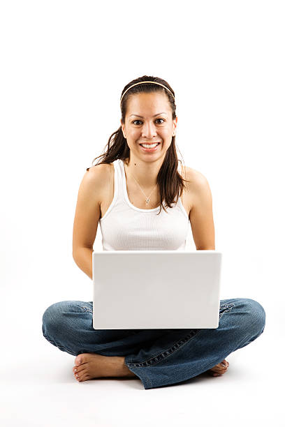 istock girl with Laptop laptop on white background 172371586