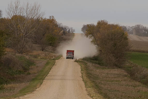 White van raising dust while driving on a dirt road at sunset