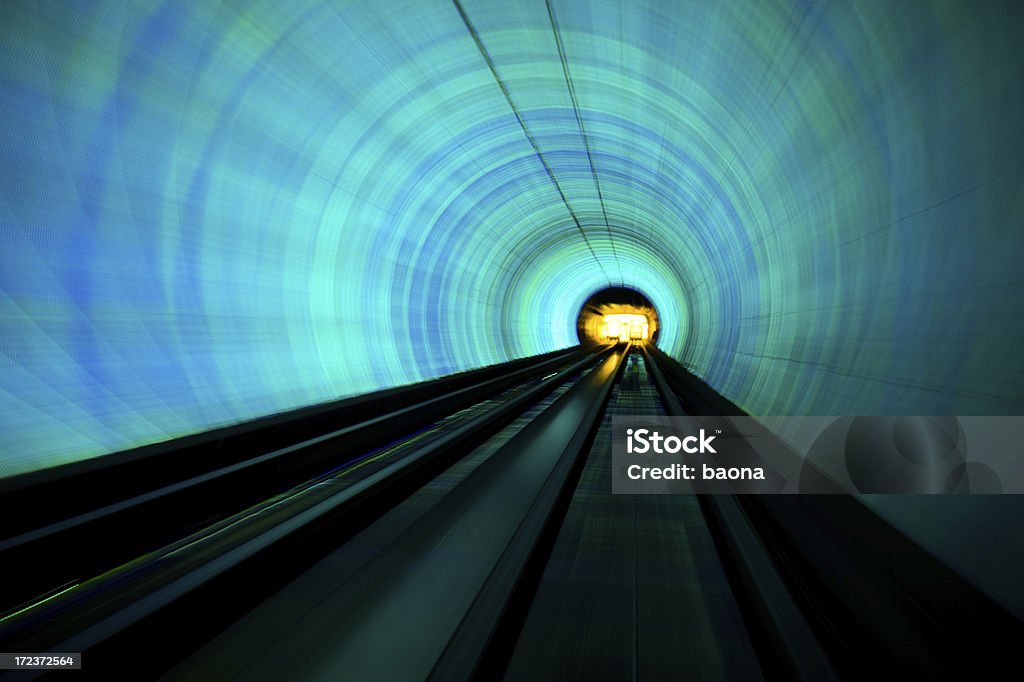 fast train Abstract speed motion in blue railway tunnel. Futuristic Stock Photo