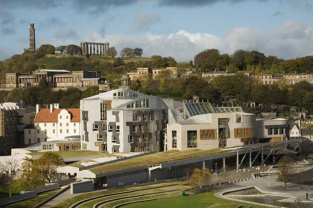 Photo of Scottish parliament building and Calton Hill, Edinburgh.