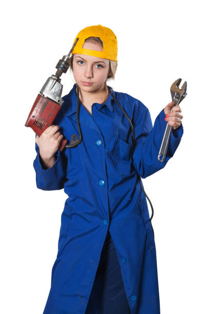 istock Blonde Cute Little Construction Girl With Drill 172372577