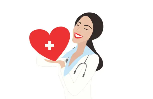 Vector illustration of Kind woman doctor holding red big heart. Take care of your heart concept design medical care background vector-illustration