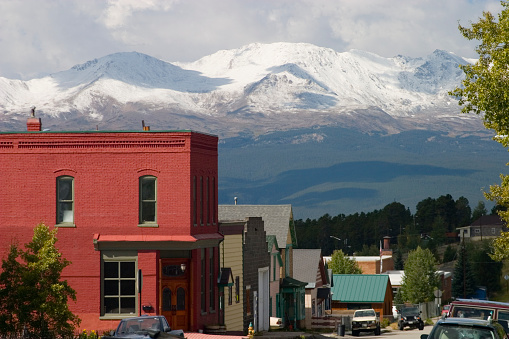 Historic Leadville with snow covered Mount Massive in the background.