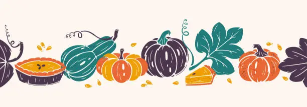 Vector illustration of Vector Thanksgiving Day Seamless Border. Tape of Autumn Harvest Symbols. Pumpkin Pie, Leaves and Different Varieties of Pumpkins. Healthy Food. Bakery and Vegetables illustration.