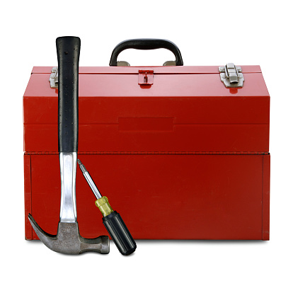 Red Toolbox, Hammer and Screwdriver on White.