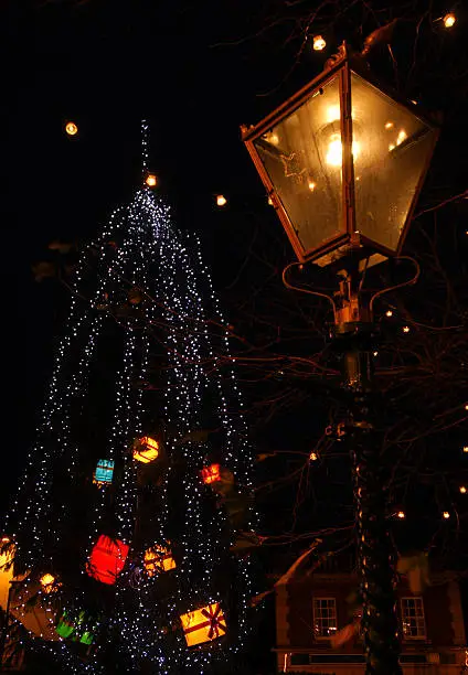 "Gas street lamp and Christmas decorations in Great Malvern, Worcestershire, England."