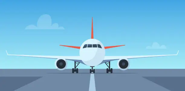 Vector illustration of Passenger airplane on runway, front view. passenger aircraft takeoff illustration. Airport with aircraft on airfield. Vector illustration.