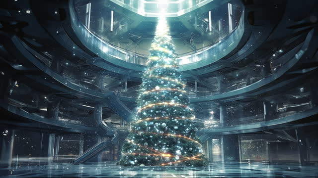 In this imaginative Christmas scene, a fusion of futuristic cyberpunk aesthetics and the holiday spirit creates a unique and cozy atmosphere that transports us to a technologically advanced yet festive future.