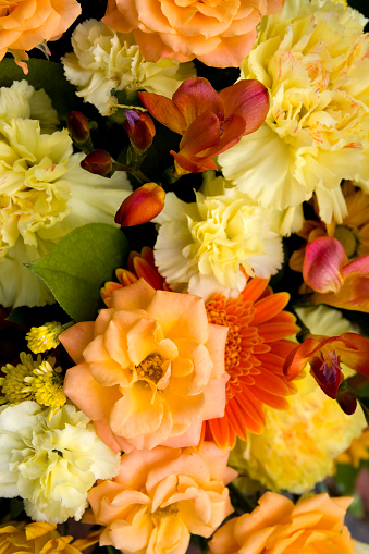 Freesias, roses, carnations and chrysanthemums in a soft-focus autumn bouquet - focus on freesias.