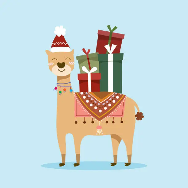 Vector illustration of A cute camel with Christmas gift on the back on soft blue background