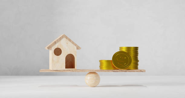 나무 비늘. 흰색 바탕에 집과 금화. - stability finance housing development coin 뉴스 사진 이미지