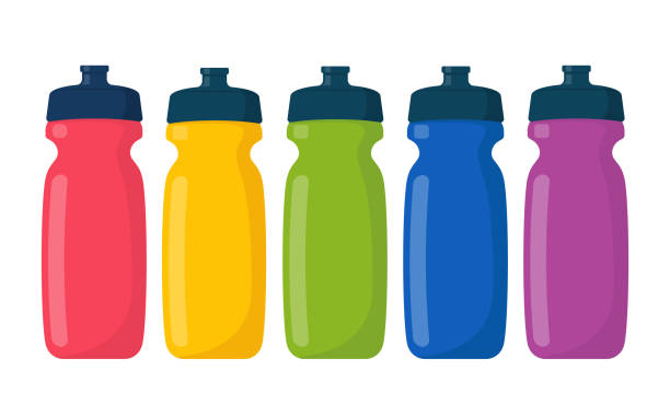 istock Multicolored sports bottles set. Fresh water plastic containers. Athlete accessory, fitness equipment store item. Active recreation, healthy lifestyle, training attribute. Vector illustration. 1723763722