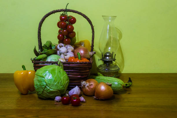 Fresh organic vegetables, colorful fruits, and rustic wooden table decor
