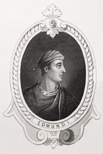 King Edmund the First king of the English reigned from 939 to 946.  He was a successful military leader who managed to re-conquer lands that had been lost to the Vikings. He was killed in a fight with an outlawed robber.  Note taken from A History of England published c1855 to 1860. Engraver Unkown.More King and Queens of England: