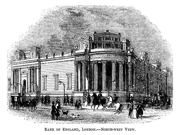 뱅크 오브 영국 1863 (빅토이라 목판화) - bank of england stock illustrations