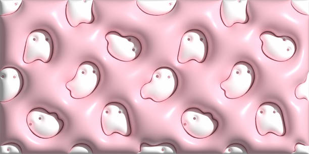 3d Halloween banner with cute ghosts. Seamless pattern with cute ghosts on pink background. Halloween Phone Wallpaper. Cute ghost wallpaper retro aesthetic. Illustration background for Halloween