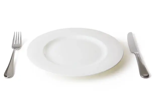 Place setting with plate, fork, and knife.  Isolated on white with soft shadow and clipping path.