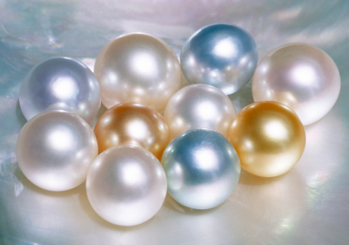 Cultured Pearls in various hues on oyster shell.