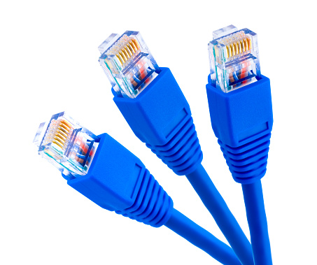 Three blue network cables with rj45 connectors.