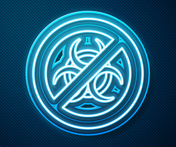 istock Glowing neon line Stop GMO icon isolated on blue background. Genetically modified organism acronym. Dna food modification. Vector 1723793675