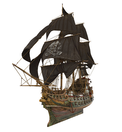 Pirate ship model made of plywood, with miniature figures of pirate sailors, isolated on white background. Ship sails on waves. Flag Jolly Roger Skull and bones, patched sails