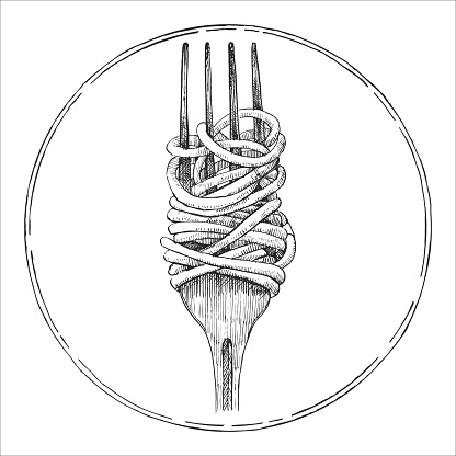 Hand-drawn illustration of Fork with Pasta. Vector. Ink drawing.