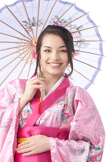 若い女性のポートレート、傘の着物ドレスです。 - parasol umbrella asian ethnicity asian culture ストックフォトと画像