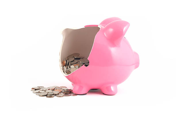istock Broken piggy bank with money spilling out 172380002