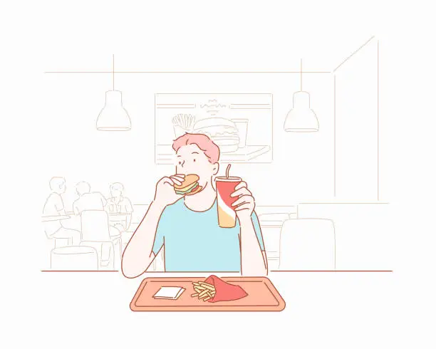 Vector illustration of Man is eating in a restaurant and enjoying delicious food.