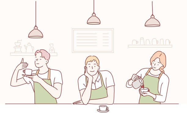 Vector set of different poses of barista character with cups of coffee. Vector set of different poses of barista character with cups of coffee. Hand drawn style vector design illustrations. home fragrance stock illustrations