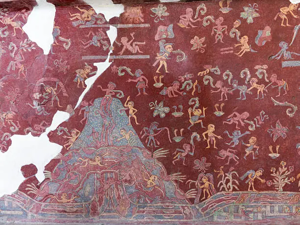 "The Paradise of Tlaloc. The mural depicts water and fertility, with people dancing, playing, chanting and weeping. Dating from around 450 AD, Teotihuacan with it's numerous pyramids, palaces and dwellings is a Unesco World Heritage site. Teotihuacan, Mexico"
