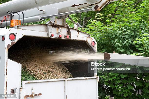 Foto de Chipper De Madeira Pulverizadores Detritos e mais fotos de stock de Chipper de Madeira - Chipper de Madeira, Cobertura do solo, Homens