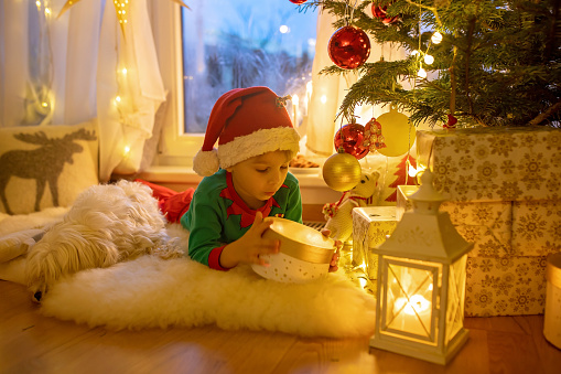 Toddler child, cute blond boy, sitting on the window in pajama, looking out for Satna Claus,, eating cookies,  Christmas lights around him