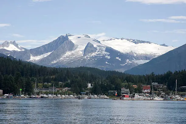 Auke Bay Harbour with Small Boats and Mountain in Background.Alaskan Scenics Lightbox: