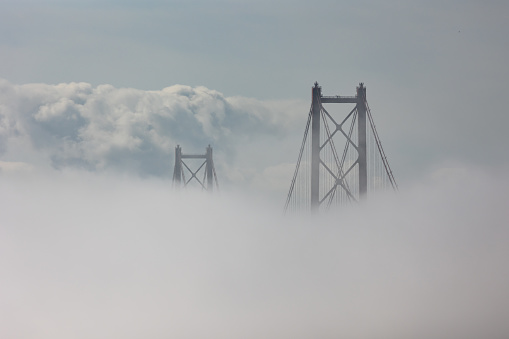 Top of the bridge stick out of the dense white fog. Mid shot