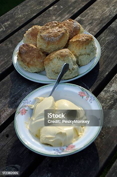 Scones And Big Dollop Of Clotted Cream Stock Photo - Download Image Now - Breakfast, Cream - Dairy Product, Farmhouse