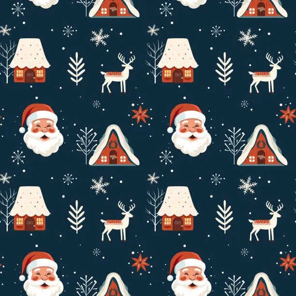 Vector illustration of Winter seamless pattern with scandinavian houses santa klaus. Christmas vector pattern. Winter background design.