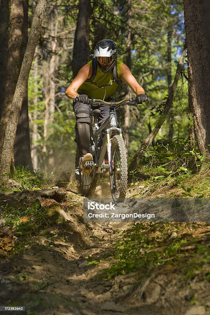 Downhill Mountain Bike Downhill mountain biking on a dusty trail.Just outside of Kelowna BC.Shot with a Canon 1d markII. Kelowna Stock Photo