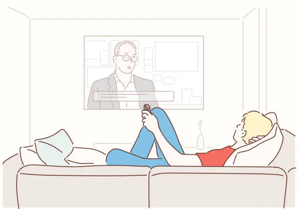 Vector illustration of Single man on the couch watching tv, changing channels.