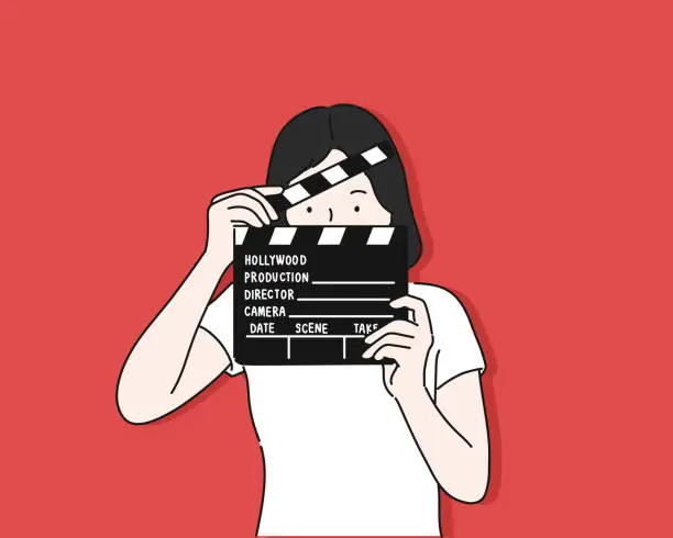 Vector illustration of Woman portrait holding movie clapper against colorful red background.