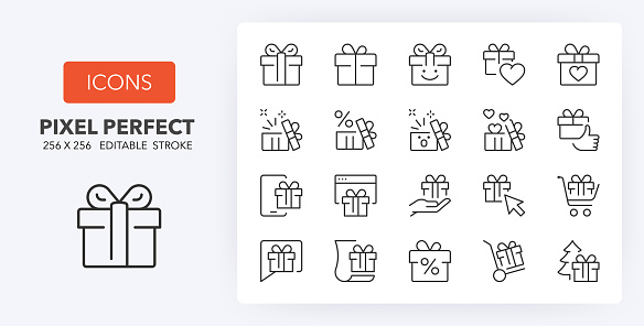 Presents, thin line icon set. Outline symbol collection. Editable vector stroke. 256x256 Pixel Perfect scalable to 128px, 64px...