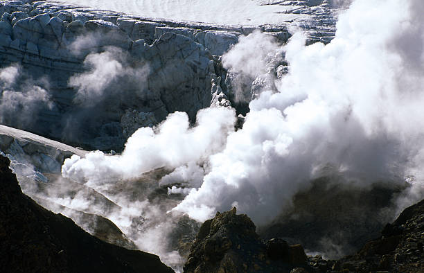Snow covered terrain on Mount Hood, a volcano in the Cascade Mountains in Oregon popular for hiking, climbing, snowboarding and skiing, despite risks of avalanche, crevasses and weather on the peak.