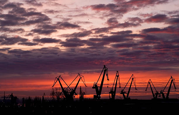 amanecer con grúas, gdansk. polonia - botavara fotografías e imágenes de stock