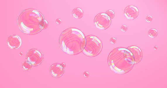 Abstract flying bubbles on colorful background, 3d render.