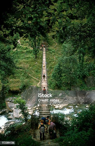 Atravessar Uma Ponte Suspensa - Fotografias de stock e mais imagens de Caminhada - Caminhada, Grupo de Pessoas, Nepal