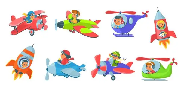 Vector illustration of Kids in air transport. Little aviator characters. Boys and girls control airplanes. Children piloting rockets and helicopters. Baby aviation. Aircraft and spaceship. Splendid vector set