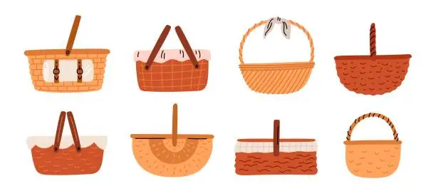 Vector illustration of Cartoon empty wicker baskets. Handmade picnic hampers. Decorative panniers for products. Lunch in park on grass. Wickerwork container with napkin. Camping straw box. Garish vector set