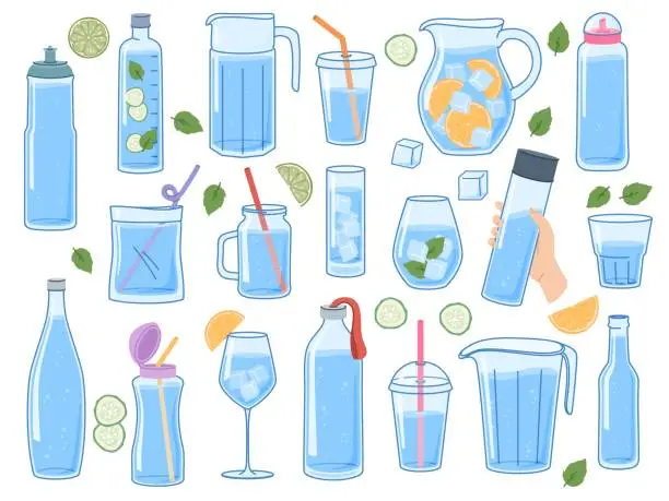 Vector illustration of Cartoon water bottles. Cute drinks with lemons. Circles of fresh cucumbers. Plastic and glass container with cap. Ice cubes. Cold beverage. Blue flask for liquid. Recent vector set