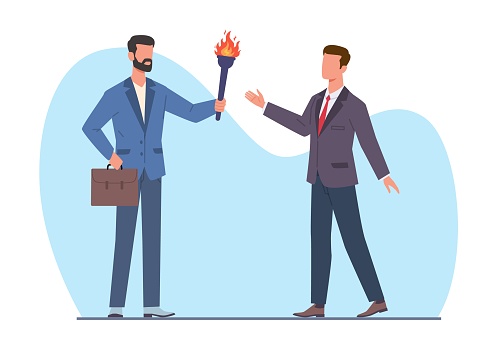 Senior businessman passes baton to his young successor. New employee or junior in workplace, mentorship and coach. Work mentoring and training. Employees education. Cartoon flat style vector concept