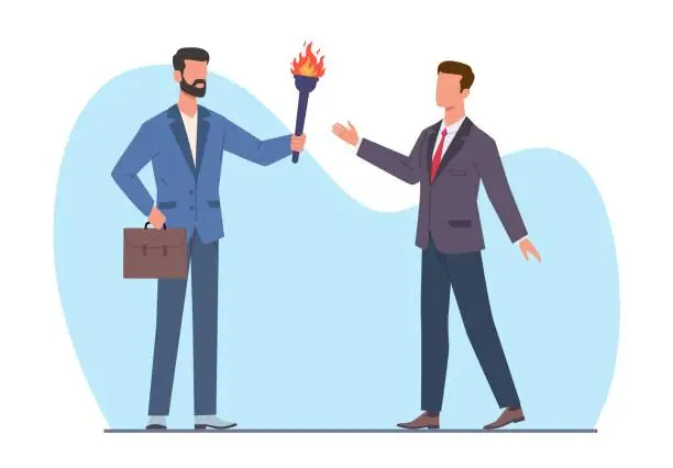 Vector illustration of Senior businessman passes baton to his young successor. New employee or junior in workplace, mentorship and coach. Work mentoring and training. Employees education. Cartoon flat vector concept